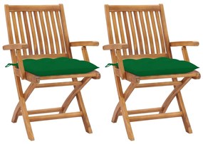 Záhradné stoličky 2 ks, zelené podložky, tíkový masív 3062426