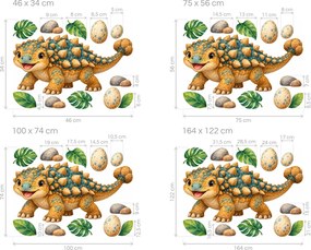 Veselý ankylosaurus s vajíčkami detské akvarelové nálepky pre milovníkov dinosaurov na stenu hárok 46 x 34 cm