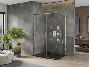 Mexen Omega, sprchový kút s posuvnými dverami 100 (dvere) x 80 (stena) cm, 8mm číre sklo, chrómový profil + slim sprchová vanička čierna + chrómový sifón, 825-100-080-01-00-4070