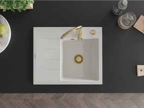 Mexen Ben granitový drez 1-komorový s odkvapkávačom, pravý 600 x 500 mm, biely, sifón zlatý - 6523605000-20-G