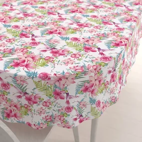 Biante Bavlnený oválny obrus Sandra SA-493 Kolibríky s ružovými kvetmi na bielom 140x220 cm