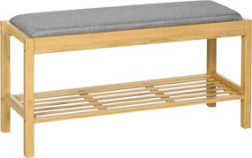 HOMCOM Bambusová lavička na topánky s čalúneným sedadlom pre 3 páry topánok s lamelovou policou do predsiene 90x30x46 cm | Aosom
