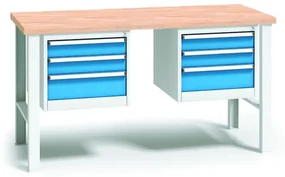Pracovný stôl do dielne WL s 2 závesnými boxami na náradie, buková škárovka, 6 zásuviek, pevné kovové nohy, 2000 mm