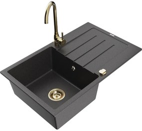 Mexen Bruno, 1-komorový granitový drez s odkvapkávačom 795x495x200 mm a zlatá kuchynská batéria Telma, čierna škvrnitá, 6513-76-670200-50