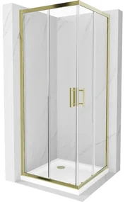 Mexen Rio, štvorcový sprchovací kút s posuvnými dverami 80(dvere) x 80(dvere) x 190 cm, 6mm číre sklo, zlatý profil + biela sprchová vanička SLIM, 860-080-080-50-00-4010G