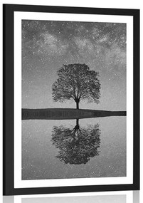 Plagát s paspartou hviezdna obloha nad osamelým stromom v čiernobielom prevedení - 20x30 black