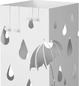 Kovový držiak na dáždniky s háčikmi a odkvapkávačom, 15,5 x 15,5 x 49 cm, biely