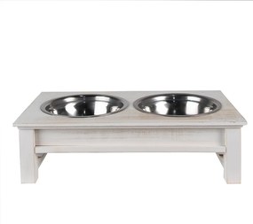 Misky pre zvieratá v bielom antik drevenom stojane - 40*22*12 cm / 2*500 ml