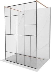 Mexen Kioto, sprchová zástena Walk-In 130 x 200 cm, 8mm sklo čierny vzor, medený matný profil, 800-130-002-65-78