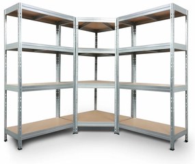 Bezskrutkový kovový regál RIVET CORNER PACK 180x180x180x45 cm, 4x HDF polica, zinok