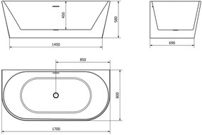 Mexen Oval, voľne stojaca nástenná vaňa 170 x 80 cm, biela-čierna, zlatý lesklý prepad, 52671708075-50