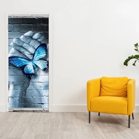 Fototapeta na dvere - Modrý motýľ na stene (95x205cm)