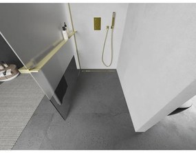 Mexen Kioto+, sprchová zástena Walk-In s poličkou a vešiakom 100 x 200 cm, 8mm číre sklo-námraza, zlatý matný profil, 800-100-121-55-35