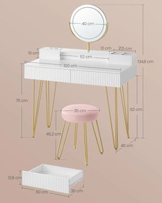 Toaletní stolek s nabíjecí stanicí a LED osvětlením Vasagle Virmo 100 cm bílý/zlatý