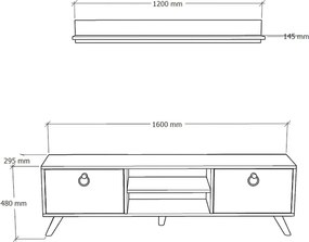 TV stolík ZEN 160 cm s nástennou policou, dekor orech/čierny mramor