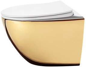 Rea Carlo Mini Tornado NF, závesná WC misa 490x365x350mm + toaletné sedadlo, biela-zlatá lesklá, REA-C6808