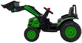 Zelený detský traktorový bager na batérie + pohyblivé rameno + diaľkové ovládanie + pomalý štart + FM rádio + LED