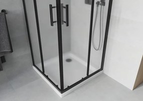 Mexen Rio, štvorcový sprchovací kút s posuvnými dverami 70(dvere) x 70(dvere) x 190 cm, 6mm sklo námraza, čierny profil + biela sprchová vanička SLIM, 860-070-070-70-30-4010B