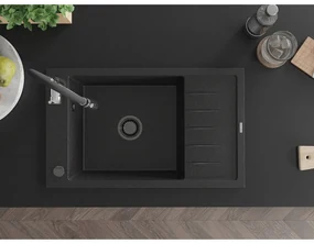 Mexen Elias, 1-komorový granitový drez 795x480x200 mm a drezová batéria Aster, čierna-strieborná metalíza, 6511-73-73450-07-B