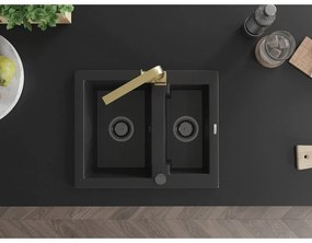 Mexen Carlos, 1,5-komorový granitový drez s odkvapkávačom 582x475x177 mm a zlatá kuchynská batéria Rita, čierna, 6518-77-670300-50-B