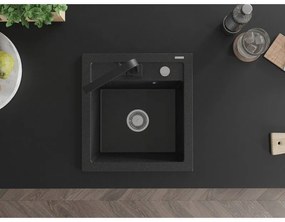 Mexen Vito, 1-komorový granitový drez 520x490x210 mm, čierna batéria Rita, čierna-strieborná metalíza, 6503-73-670300-70