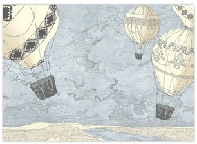 Sklenený obraz - Balóny nad mestom, chladné tóny (70x50 cm)