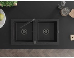 Mexen Mario, 2-komorový granitový drez 820x436x161 mm a drezová batéria Flora, čierna-strieborná metalíza, 6504-73-670401-70-B