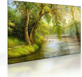 Sklenený obraz - Vŕba pri jazere, olejomaľba (70x50 cm)