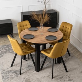 Vintino Oživte svoj domov farbami. Rozkladací jedálenský set AMFORA v dekore dub craft čierny a 4 dizajnové žlté stoličky BERA. Moderný loft štýl.