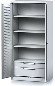 Policová dielenská skriňa 2-dverová MECHANIC, 3 police, 2 zásuvky, 920 x 500 x 1950 mm, sivé dvere