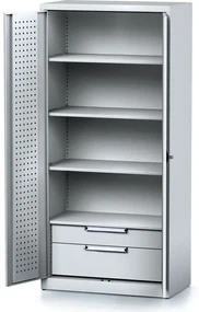 Alfa 3 Policová dielenská skriňa 2-dverová MECHANIC, 3 police, 2 zásuvky, 920 x 500 x 1950 mm, sivé dvere