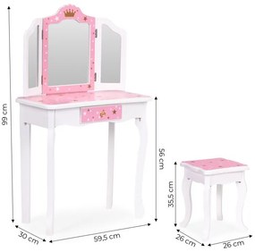 Detský kozmetický stolík s trojitým zrkadlom a taburetkou