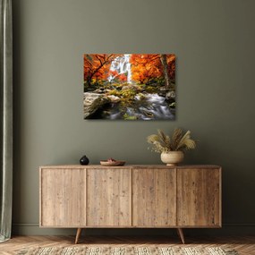 Sklenený obraz - Vodopády v jesennej krajine, oranžový (70x50 cm)