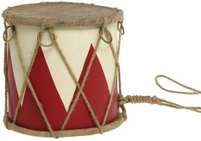 Červeno-biely vianočný drevený bubon s kožou Drum Vintage - Ø 15*12 cm