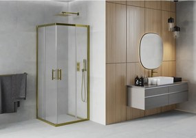 Mexen Rio, štvorcový sprchovací kút s posuvnými dverami 80(dvere) x 80(dvere) x 190 cm, 6mm sklo námraza, zlatý profil, 860-080-080-50-30