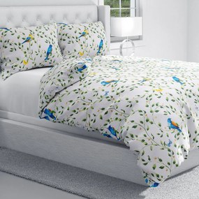 Biante Bavlnené posteľné obliečky Sandra SA-501 Modré vtáky a vetvičky na bielom Jednolôžko 140x200 a 70x90 cm