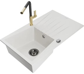 Mexen Cesar, 1-komorový granitový drez 775x470x190 mm a drezová batéria Flora, biela, 6514-20-670401-57-B