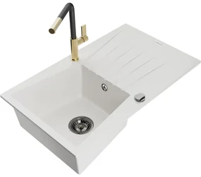 Mexen Cesar, 1-komorový granitový drez 775x470x190 mm a drezová batéria Flora, biela, 6514-20-670401-57-B