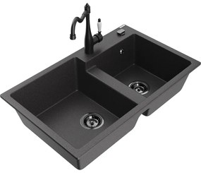 Mexen Tomas, granitový drez 800x500x190 mm, 2-komorový a drezová batéria Carla, čierna škvrnitá, 6516-76-670700-70-B