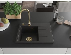 Mexen Ben, 1-komorový granitový drez 600x500x190 mm, ľavý + zlatý sifón, čierna, 6522605000-77-G