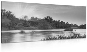 Obraz východ slnka pri rieke v čiernobielom prevedení - 100x50