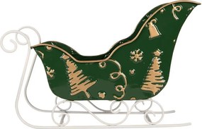 Vianočné dekorácie zelenej kovovej sane so stromčekmi - 35*15*23 cm