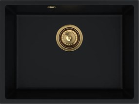 Sink Quality Crypton 60, kuchynský granitový drez 535x400x205 mm + zlatý sifón, čierna, SKQ-CRY.C.1KBO.60.XG