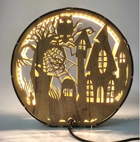 Drevená lampa Halloween - Strašidelný dom s sovou | DRACO: HDF - Orech 20 cm 4796-115339 LED0619