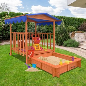 Pieskovisko s verandou HAPPY, 130x130x143 cm, hnedá/modrá Jurhan