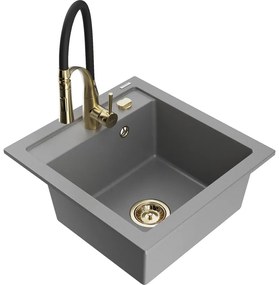 Mexen Vito, 1-komorový granitový drez 490x520x210 mm a drezová batéria Aster, šedá, 6503-71-73450-57-G