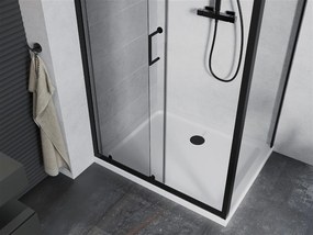 Mexen APIA, sprchový kút s posuvnými dverami 140 (dvere) x 70 (stena) cm, 5mm číre sklo, čierny profil + biela sprchová vanička, 840-140-070-70-00-4010B