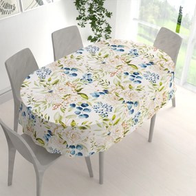 Biante Bavlnený oválny obrus Sandra SA-668 Kvety a modro-zelené listy na bielom 50x100 cm