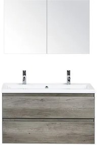 Kúpeľňový nábytkový set Evora 100 cm s keramickým umývadlom 2 otvormi na kohúty dub Nebraska a zrkadlovou skrinkou 100 cm s keramickým umývadlom