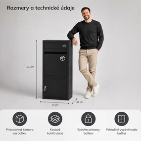 Schránka na balíky a listy, balíkobox, kovová, exteriérová, uzamykateľná, čierna PAT